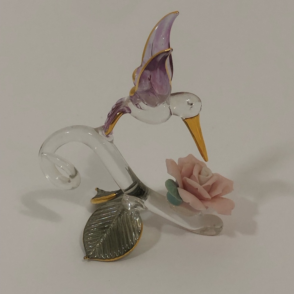 Glass Art Hummingbird Pink Flower Green-tone Leaves EUC